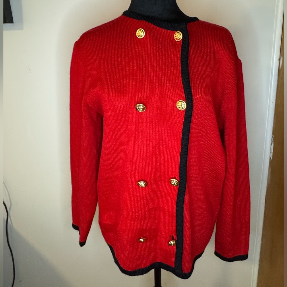Brooks Brothers Red Wool Cardigan with Gold Buttons.